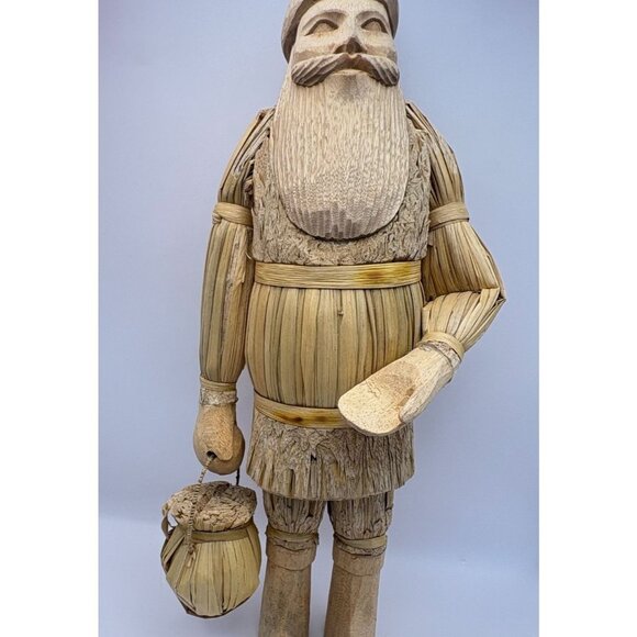 Vintage Folk Art Santa Figurine with Basket Handcrafted Wood and Straw Statue - Picture 12 of 12
